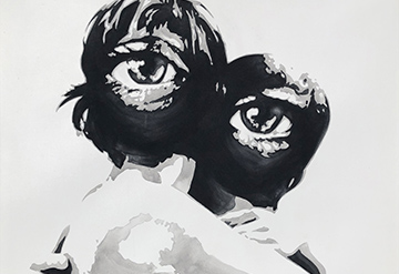 Takao Aoyama,artist,art,painting,Japan,acrylic,people,eye,face,black & white,stare,emotion,impact